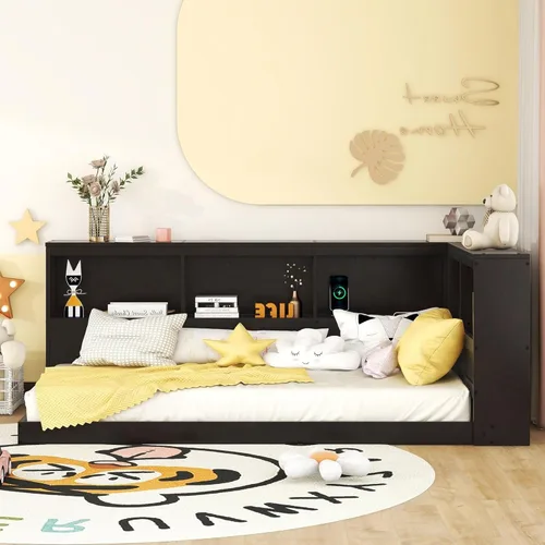Vista 164 de Quarte Elegante cama de plataforma con estanterías en forma de L, cama de plataforma de madera tamaño individual con 2 cajones de almacenamiento