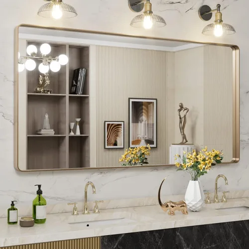 Vista 54 de LOAAO Espejo de baño dorado de 28 x 36 pulgadas, espejo rectangular redondeado con marco dorado, espejo de tocador de baño dorado cepillado montado