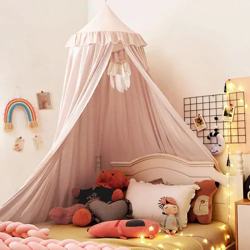 Vista 13 de Kertnic - Toldo decorativo para cama de niños, carpa de algodón suave para decoración de habitación de niñas, castillo de princesa de ensueño, Verde