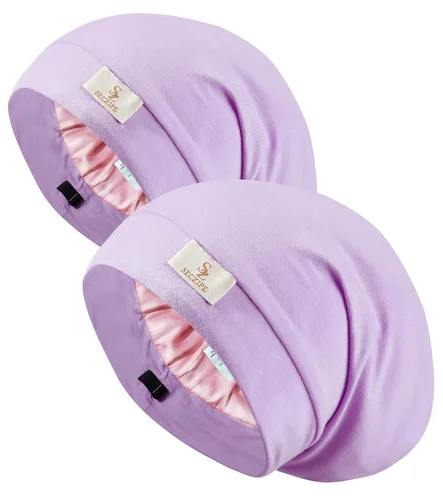 Vista 10 de SECZIPE 2 piezas de cofia de satén de seda para envolver el cabello para dormir, con correa ajustable para cabello rizado, gorras nocturnas Negro