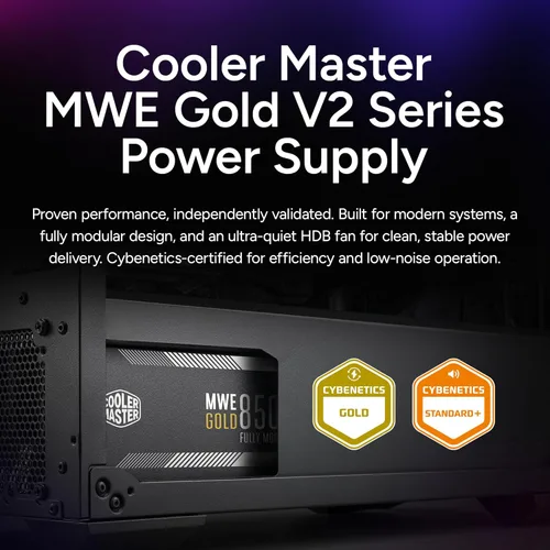 Vista 7 de Cooler Master MWE Gold 850 V2 PSU Full Modular, 850W, 80+ Gold, Diseñado para Nvidia RTX 5080 AMD RX 9070 XT, 2 Conectores EPS, Ventilador HDB