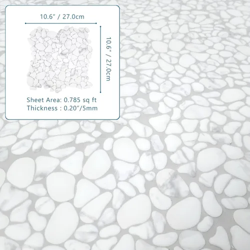 Vista 3 de SUNWINGS Azulejo de guijarros de 10 hojas para ducha, borde de suelo, cocina, baño, salpicadero de vidrio reciclado blanco Carrara, aspecto