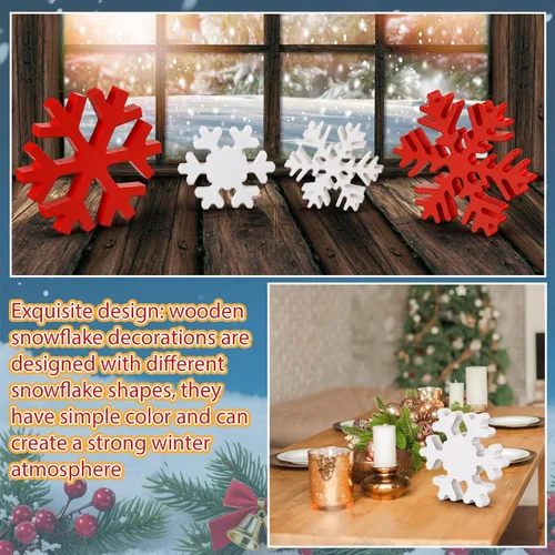 Vista 5 de Blulu 4 piezas de copos de nieve de madera de invierno, decoraciones de mesa, letreros de copos de nieve de Navidad, letrero de mesa de pie de Rojo