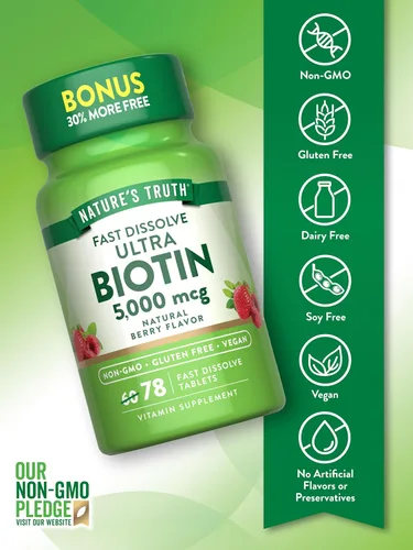 Vista 3 de Nature's Truth Biotin 5000mcg 78 tabletas de disolución rápida Sabor natural de bayas Vegano, sin OMG y sin gluten