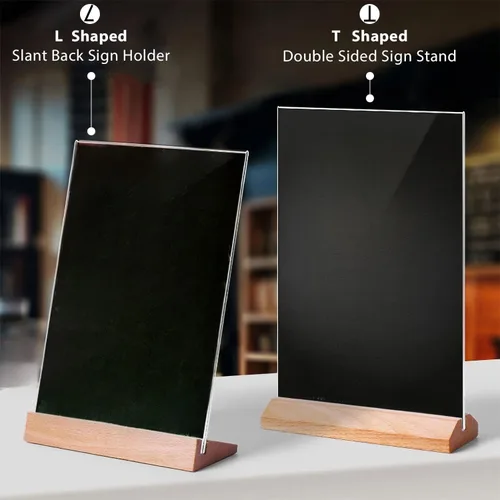 Vista 2 de TONICE® Paquete de 3 soportes acrílicos de 5 x 7 pulgadas en forma de T, marcos de acrílico transparente de doble cara con base de madera, soporte