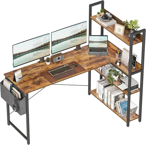 Vista 9 de Treesland Escritorio para computadora de 47 pulgadas con estantería, escritorio de esquina con almacenamiento, escritorio en forma de L, escritorios