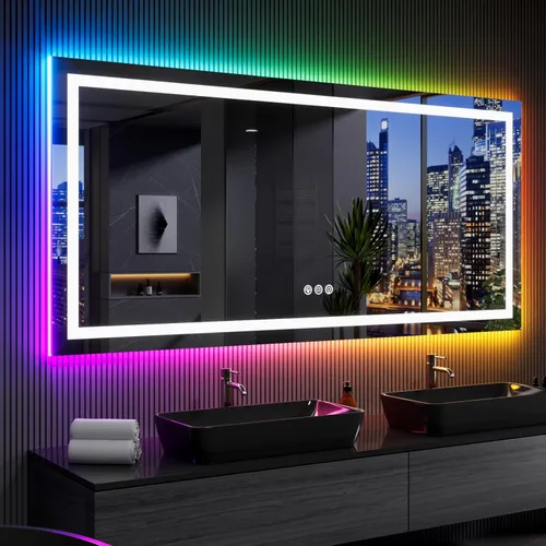 Vista 198 de LOAAO Espejo de baño LED de 28 x 36 pulgadas con luces, antiniebla, regulable, retroiluminado + iluminado frontal, espejo de tocador de baño