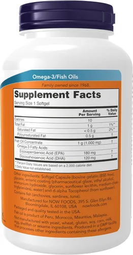 Vista 2 de NOW Suplementos, Omega-3 180 EPA / 120 DHA, revestimiento entérico, apoyo cardiovascular*, 180 cápsulas blandas
