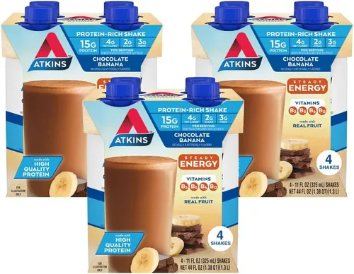 Vista 2 de Atkins Batido de proteína de chocolate y plátano, 0.55 onzas de proteína y batido de proteína de chocolate con leche, 0.55 onzas de proteína, bajo