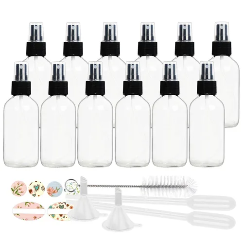 STARSIDE Botellas de spray de vidrio transparente de 4 onzas (paquete de 12) – A prueba de fugas rociador de niebla fina para cara, cabello, aceites
