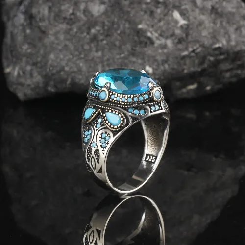 Vista 4 de 925 Sterling Silver Aquamarine Stone with Turquoise Stones Men Silver Ring, Handmade Blue Aquamarine Stone Men's Silver Ring, Vintage Men Ring