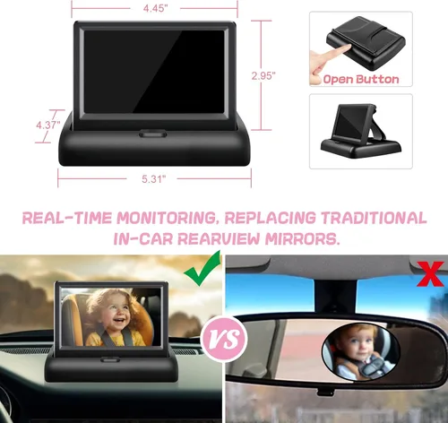 Vista 3 de B1 - Cámara de coche para bebé con monitor de 4.3 pulgadas, cámara de asiento trasero alimentada por USB, visión nocturna HD 1080P, gran angular