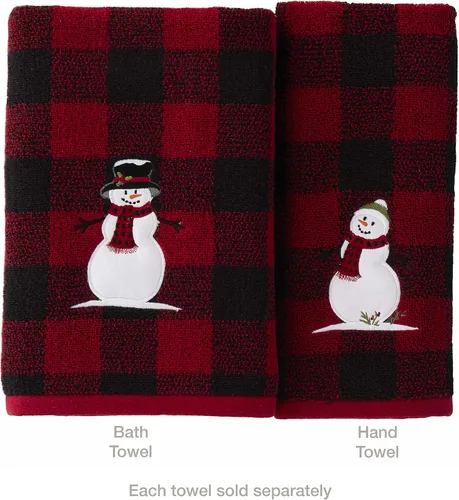 Vista 2 de SKL Home Navidad/Regalo Bosque Invierno Muñeco de Nieve Toalla de Baño, Rojo 450 GSM. Jacquard suave y absorbente. Patrón de cuadros de búfalo
