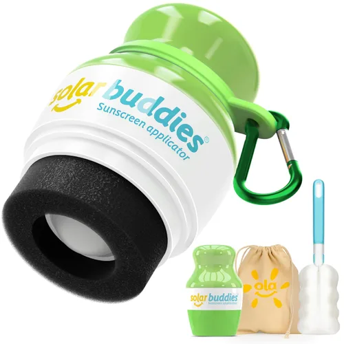Vista 16 de Solar Buddies Paquete de viaje Grab & Go, clip de carabina y cepillo de limpieza, protector solar de esponja recargable, aplicador de crema solar