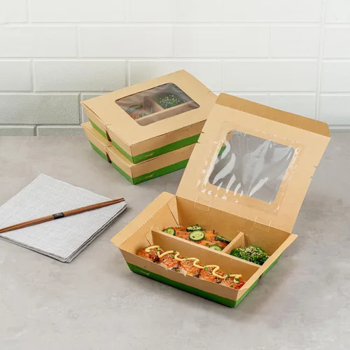 Vista 3 de Restaurantware Caja Bento de papel de 100 unidades, 51 onzas, contenedor de papel de estraza para alimentos, caja desechable a prueba de grasa