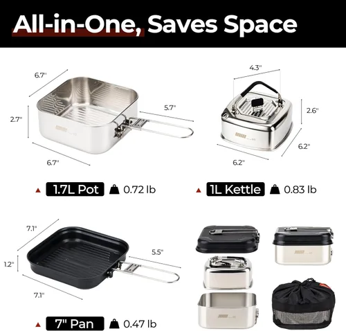 Vista 5 de Alocs Camping Cookware Set - Lightweight Camping Pots and Pans - Portable Outdoor Cookware with Kettle - Camping Cookware Mess Kit for 2