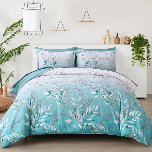 Vista 8 de WONGS BEDDING - Juego de edredón botánico reversible de 7 piezas, cama en una bolsa, de microfibra suave, tamaño full, hojas verdes