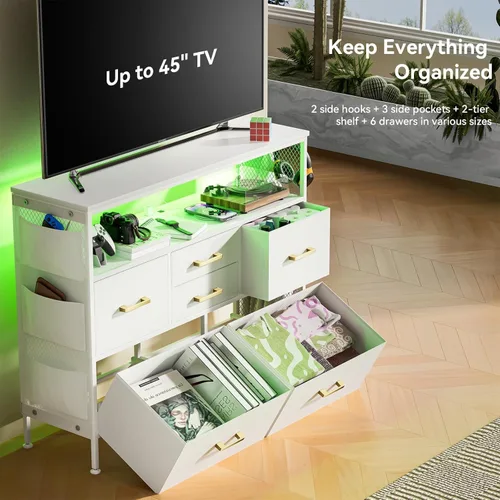 Vista 18 de Cómoda para dormitorio, soporte de TV con tomas de corriente y luz LED, cómoda de 6 cajones con bolsillos laterales y ganchos, cómoda ancha