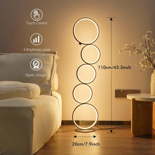 Vista 3 de NUÜR - Lámpara de pie LED de 43.3 pulgadas con 5 anillos, moderna lámpara Lámpara de pie de 5 círculos
