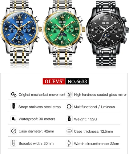 Vista 8 de OLEVS Watch Men Automatic Self Winding Watches for Men Stainless Steel Mechanical Diver Large Dial Skeleton Classic Waterproof Diamond Date Men's