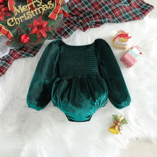 Vista 2 de YIISU Vestido de mameluco de terciopelo para niña, vestido de Navidad fruncido, para cumpleaños, ropa para niñas