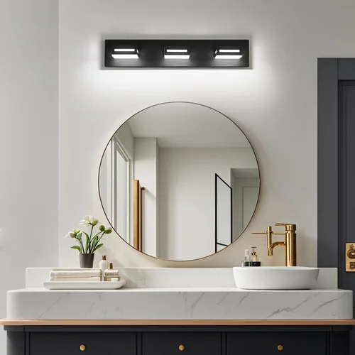 Vista 8 de Lámpara de Tocador LED Moderna Negra de 24 Pulgadas con 3 Luces para Baño Sobre Espejo, Accesorios de Iluminación de Baño con Blanco Frío 6000K