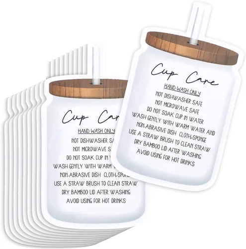 Vista 11 de Sureio 200 piezas de tarjetas de taza de vaso, instrucciones de cuidado de la taza, inserción de taza de cuidado del vaso para negocios