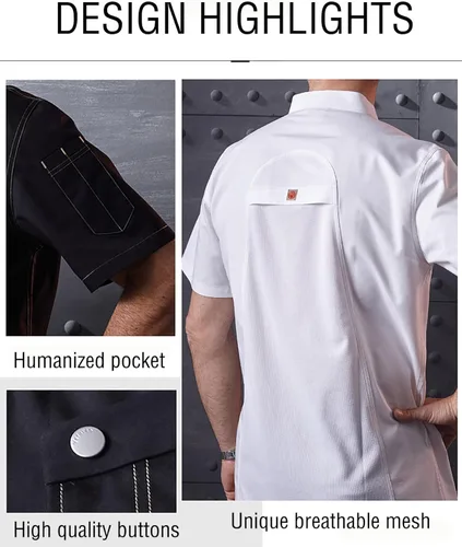 Vista 5 de Chaqueta de chef unisex ligera con 2 bolsillos y cuello de una sola pieza para hombre, uniforme de chef con cierre a presión