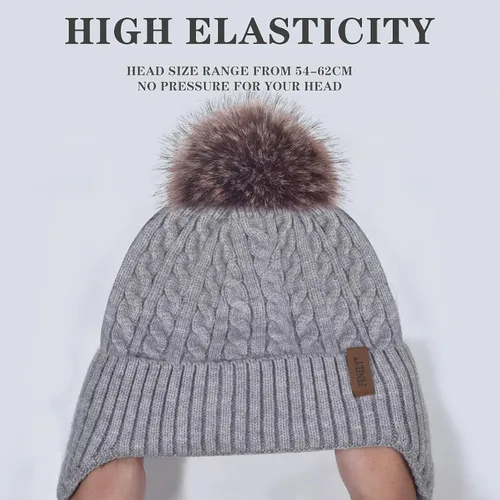 Vista 2 de Gorro de punto con pompón para mujer, gorro de invierno cálido con forro polar para mujer