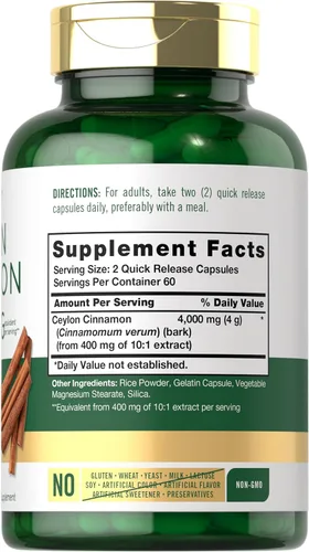 Vista 2 de Cápsulas de canela de Ceilán Carlyle 4000 mg 120 unidades Suplemento sin OGM y sin gluten