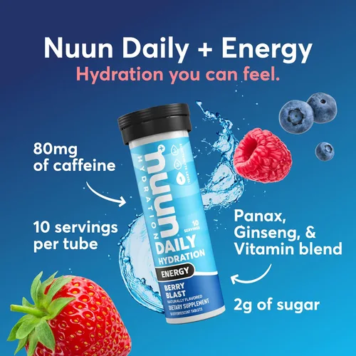 Vista 2 de Nuun Energía: cafeína, vitaminas B, ginseng, tabletas de bebidas electrolíticas, sabores mixtos, 40