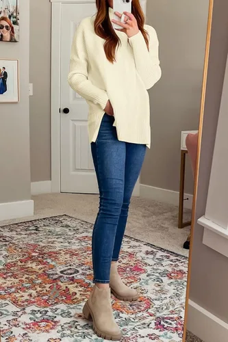 Vista 5 de LILLUSORY Suéteres de cuello alto de gran tamaño para mujer, suéter tipo túnica de punto acanalado con mangas de murciélago para otoño 2023