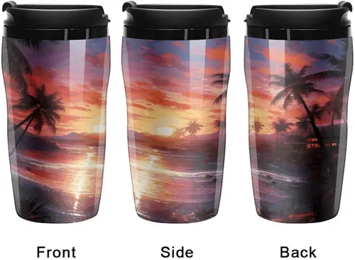 Vista 4 de Colorful Tropical Sunset Coffee Cup Hot Coffee Travel Mug Reusable Iced Coffee Cups Double Heat Insulation Coffee Mug with Leak-Proof Lid Stylish