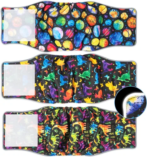 Vista 8 de Pet Soft Bandas para el vientre para perros, pañales lavables para perros machos, reutilizables, paquete de 3 para cachorros (cuadros azules, M)