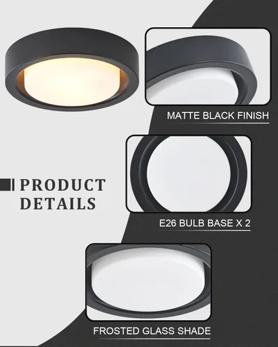 Vista 3 de Lámpara de techo de montaje al ras de 13 pulgadas, placa de acabado negro con pantalla de vidrio esmerilado, accesorio de iluminación de techo