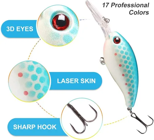 Vista 5 de Crankbaits para pesca de lubina, 17 unidades, señuelos de pesca con caja de almacenamiento, cebo de manivela de buceo profundo de 3.94 pulgadas