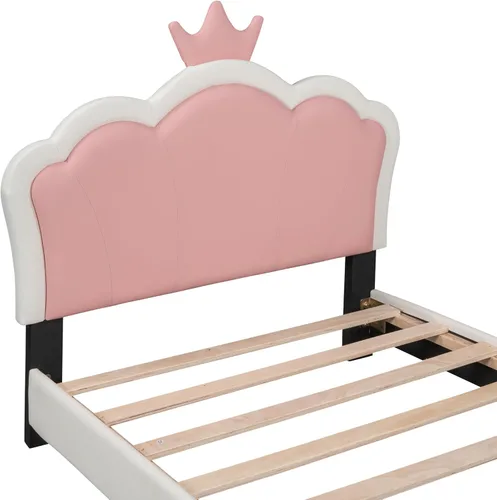 Vista 5 de Cama de princesa tapizada tamaño individual con cabecera coronada, marco de cama de princesa para niñas, marco de cama rosa para niña (individual)