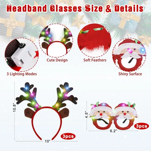 Vista 3 de 9 piezas de recuerdos de fiesta de Navidad, collar de Navidad iluminado, diadema y lentes, collar de bombilla de Navidad, luces de árbol de cuerno