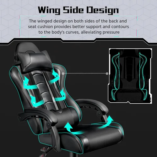 Vista 6 de Yaheetech Silla para videojuegos, silla de oficina para computadora con reposacabezas y soporte lumbar de masaje, sillas ergonómicas de altura Negro