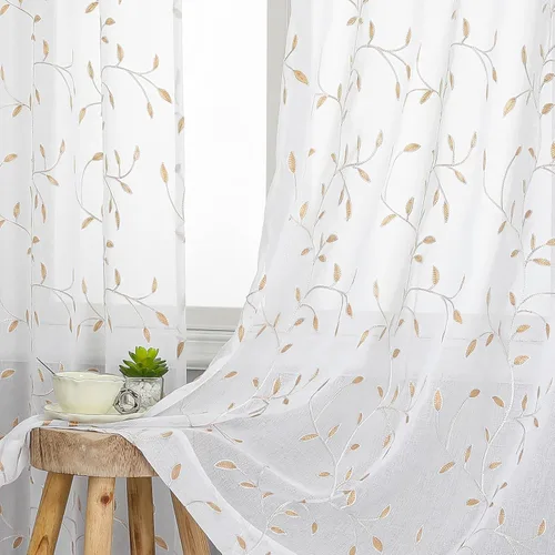 Vista 12 de VISIONTEX Juego de 2 paneles de cortinas traslúcidas blancas de 63 pulgadas de largo, con bordado de coral beige, bolsillo para barra, cortinas
