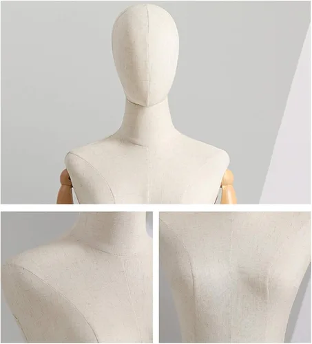 Vista 3 de Female Mannequin with Head and Wooden Arms, Linen Torso Dress Form, Adjustable Tripod Stand, Silver, Medium