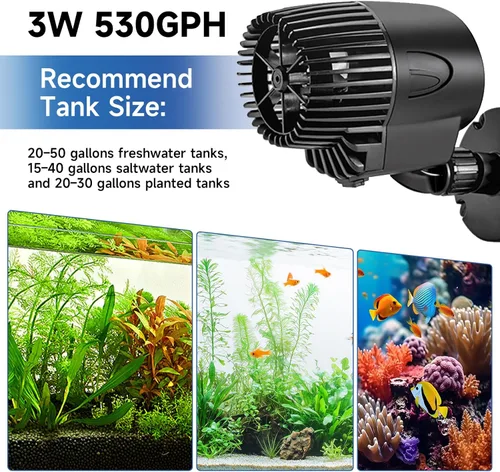 Vista 8 de AQQA Bomba Wave Maker, bomba de circulación de acuario de 530 GPH, bomba sumergible giratoria de 360 grados con base de succión magnética