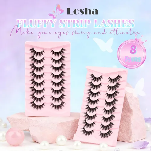 Vista 7 de Losha Pestañas esponjosas de manga de volumen 8D, pestañas postizas de anime, 8 pares de pestañas postizas suaves asiáticas (Pop)