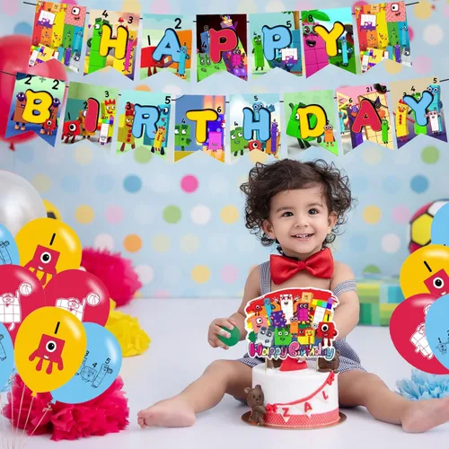 Vista 7 de Numberblocks Decoración de fiesta de cumpleaños, pancarta de cumpleaños con temática de números, decoración de pastel, globos de látex para fiestas