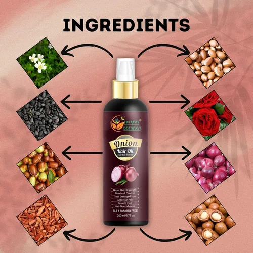 Vista 2 de HERBS BOTANICA Aceite para el cabello de cebolla roja con aceite de semilla negra, jojoba, argán, árbol de té, sándalo, rosa, esenciales