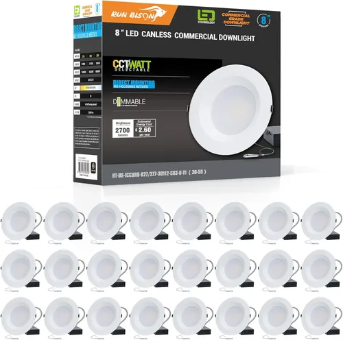 Vista 21 de Luz de techo empotrable LED comercial de 8 pulgadas con caja de conexión, potencia ajustable 16/21/27W, 3 colores seleccionables 3000K-5000K