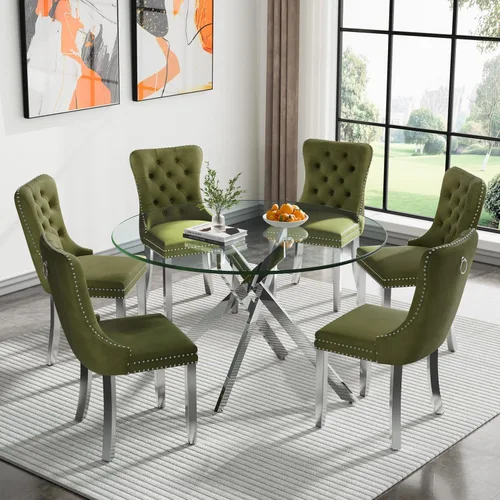 Vista 51 de Juego de mesa de comedor de cristal plateado moderno de 47 pulgadas para 2, juego de mesa de comedor de cocina redonda de 3 piezas con patas