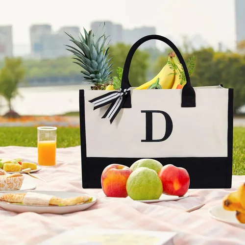 Vista 3 de TOPDesign - Bolso de playa de lona con inicial personalizada, bolsa de regalo con monograma, para mujer