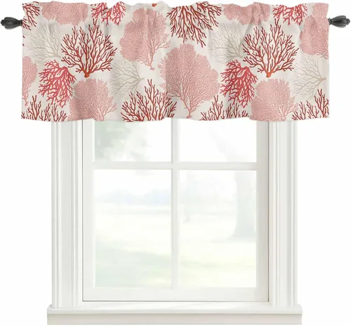 Vista 22 de Cenefa de amarre para ventanas, cortinas náuticas costeras de coral, cenefas con bolsillo para barra, cortinas de ventana con temática de playa