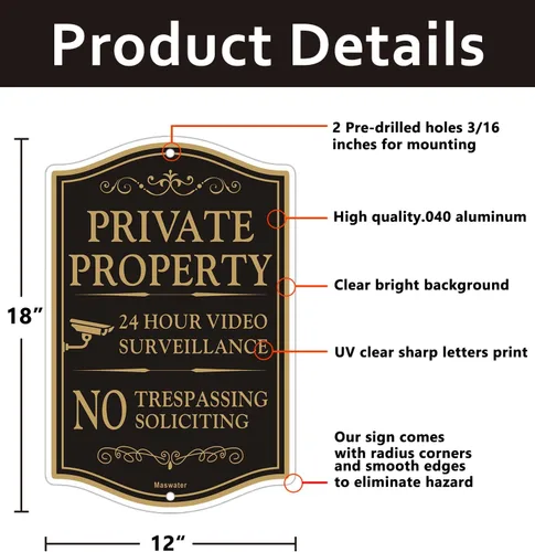 Vista 3 de Gran señal de propiedad privada de no trespassing, paquete de 2 de 12" x 18" sin solicitar, señales de videovigilancia de 24 horas para patio